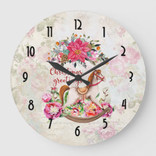Victoriaans Rocking Horse en Poinsettia Kerstmis Grote Klok