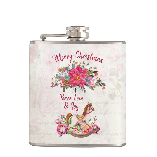 Victoriaans Rocking Horse en Poinsettia Kerstmis Heupfles (Voorkant)