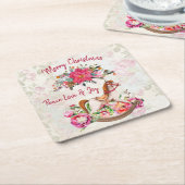 Victoriaans Rocking Horse en Poinsettia Kerstmis Kartonnen Onderzetters (Schuin)