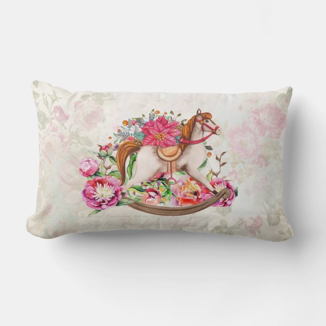 Victoriaans Rocking Horse en Poinsettia Kerstmis Kussen (Voorkant)