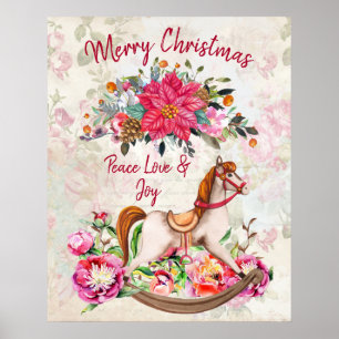 Victoriaans Rocking Horse en Poinsettia Kerstmis Poster