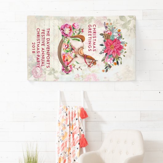 Victoriaans Rocking Horse en Poinsettia Kerstmis Spandoek (Insitu)
