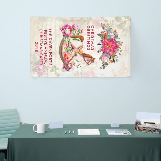 Victoriaans Rocking Horse en Poinsettia Kerstmis Spandoek (Beurs)