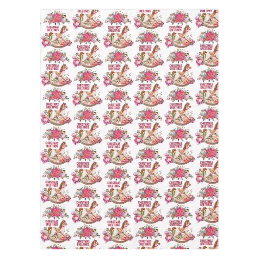 Victoriaans Rocking Horse en Poinsettia Kerstmis Tafelkleed (Voorkant)