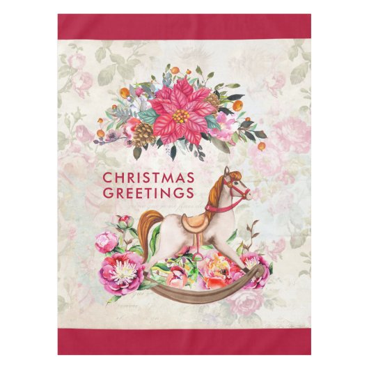 Victoriaans Rocking Horse en Poinsettia Kerstmis Tafelkleed (Voorkant)