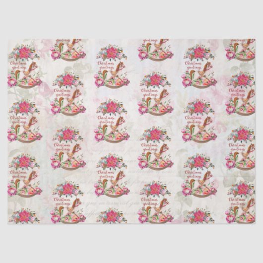 Victoriaans Rocking Horse en Poinsettia Kerstmis Tissuepapier (Voorkant)