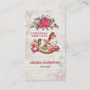 Victoriaans Rocking Horse en Poinsettia Kerstmis Visitekaartje