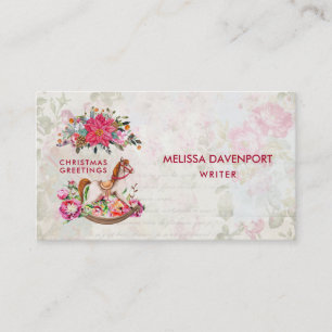 Victoriaans Rocking Horse en Poinsettia Kerstmis Visitekaartje