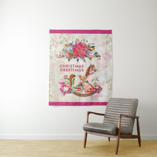 Victoriaans Rocking Horse en Poinsettia Kerstmis Wandkleed