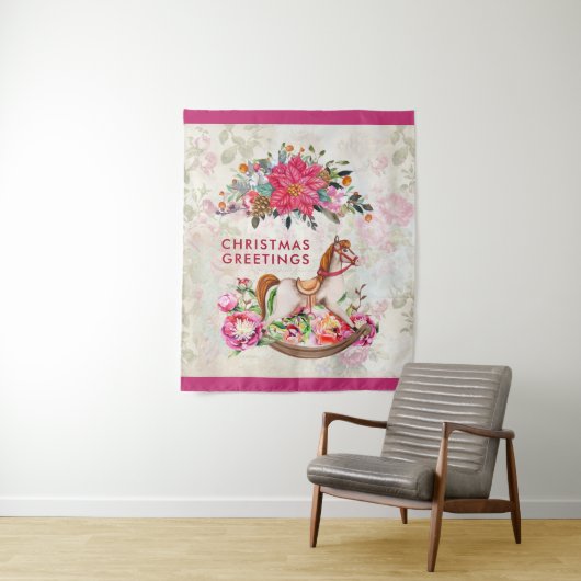 Victoriaans Rocking Horse en Poinsettia Kerstmis Wandkleed (In situ)