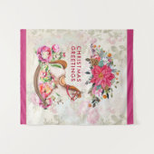 Victoriaans Rocking Horse en Poinsettia Kerstmis Wandkleed (Voorkant (horizontaal))