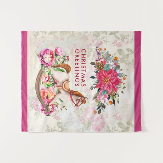 Victoriaans Rocking Horse en Poinsettia Kerstmis Wandkleed (Voorkant (horizontaal))