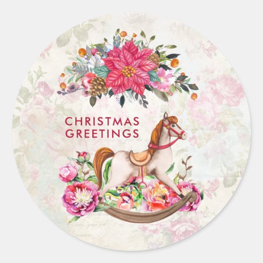 Victoriaans  Rocking Horse Kerstgroet Ronde Sticker (Voorkant)