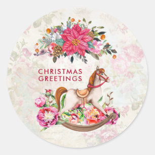 Victoriaans  Rocking Horse Kerstgroet Ronde Sticker