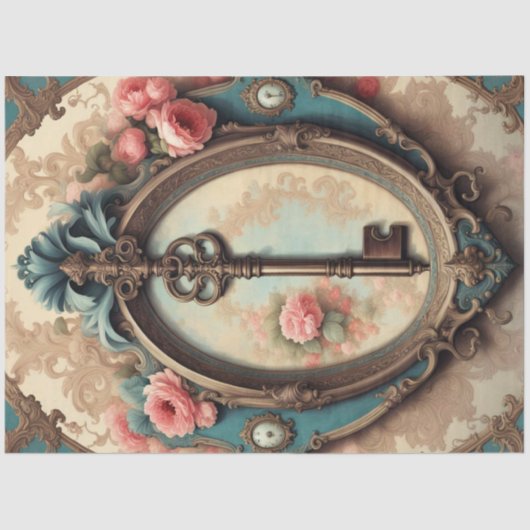 Victoriaans Rococo Key Decoupage Papier – Roze Roo (Voorkant)