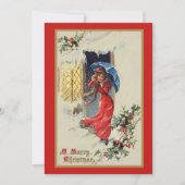  Victoriaans Rode Dame Blauwe Kerstmis Feestdagenkaart (Voorkant)
