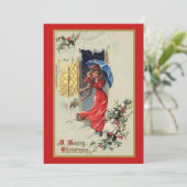  Victoriaans Rode Dame Blauwe Kerstmis Feestdagenkaart (Staand voorkant)