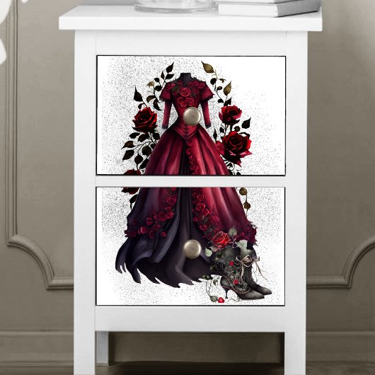 Victoriaans rode jurk en hakken | Antiek Rozen jur Tissuepapier