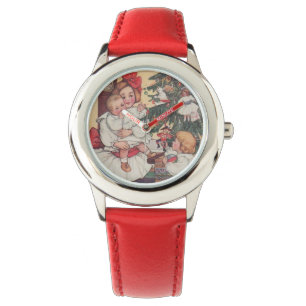 Victoriaans Rode Kinder kerstkaart Horloge