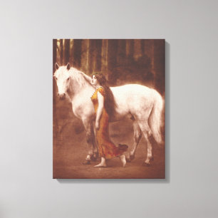 Victoriaans Romantisch meisje met witte stallion H Canvas Afdruk