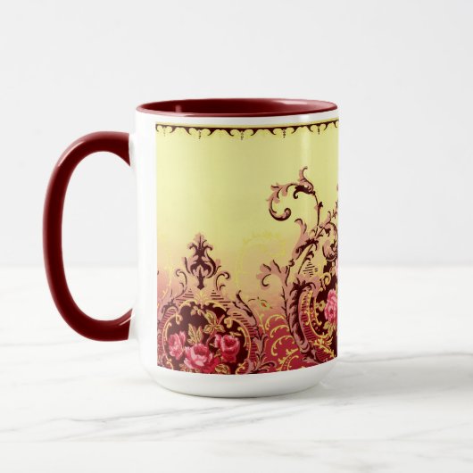 Victoriaans roos Elegant Bloemenrood Goud Textielk Mok (Links)