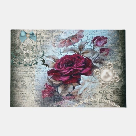 Victoriaans Roos Ephemera gestikt Deurmat (Voorkant)