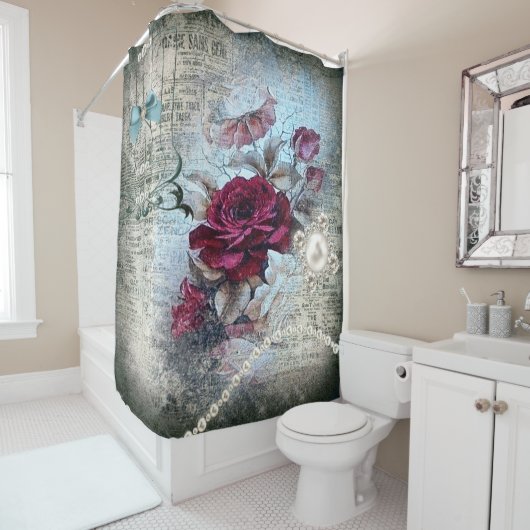Victoriaans Roos Ephemera Newspapier Print Douchegordijn (In situ)