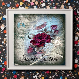 Victoriaans Roos Ephemera Sweet Sixteen Kaart