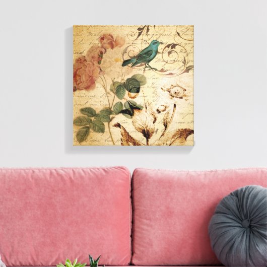 Victoriaans Roos Parijs Scripts franse vogelbotani Canvas Afdruk (Insitu (Woonkamer))