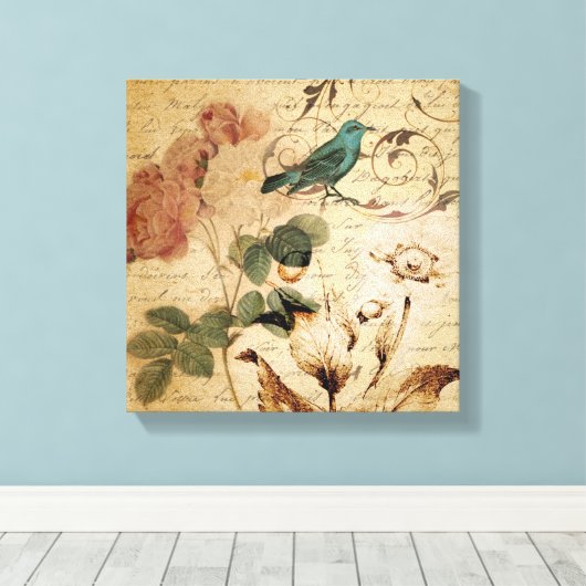 Victoriaans Roos Parijs Scripts franse vogelbotani Canvas Afdruk (Insitu (Houten vloer))