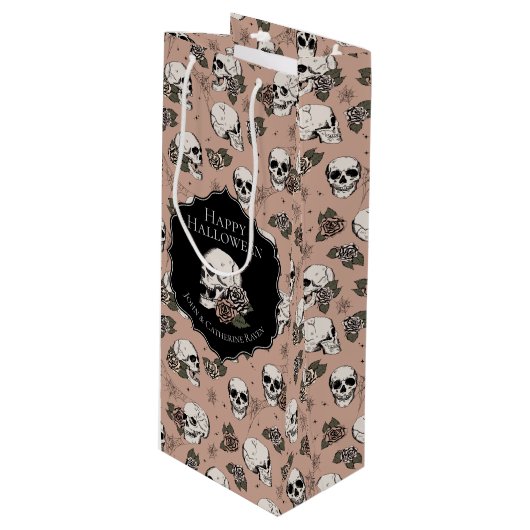 Victoriaans Roos Roze Bloemen Schedels Halloween Wijn Cadeautas (Voorkant Gekanteld)