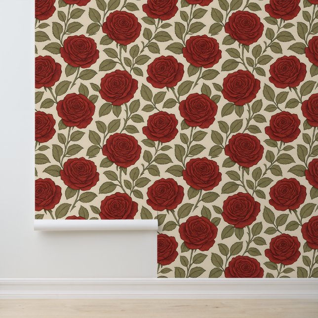 Victoriaans Roos Tuin Rode Bloemen Behang (Applicatie)