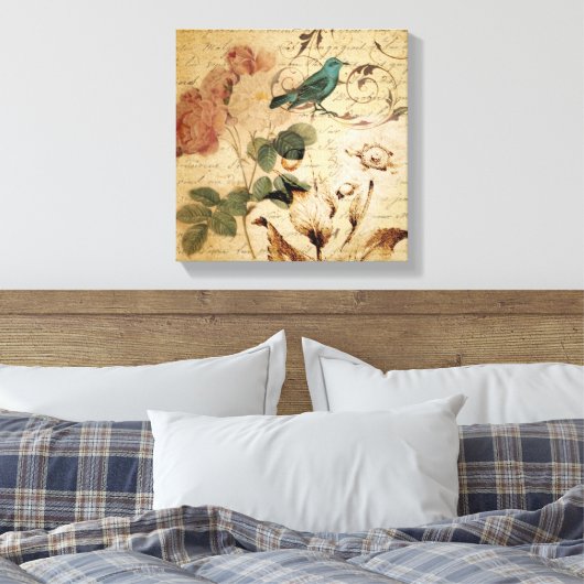 Victoriaans roos vogel Paris Franse Botanical Canvas Afdruk (Insitu (Slaapkamer))