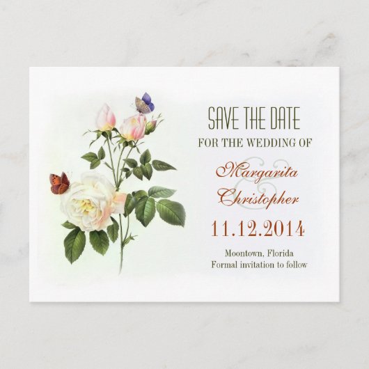 Victoriaans roos wit Save the date briefkaarten (Voorkant)