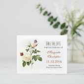 Victoriaans roos wit Save the date briefkaarten (Staand voorkant)