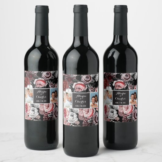 Victoriaans Roos Zwart Roze Bruiloft Foto Collage Wijn Etiket (Flessen)