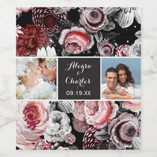 Victoriaans Roos Zwart Roze Bruiloft Foto Collage Wijn Etiket (Enkel label)