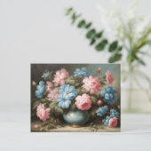 Victoriaans roze, blauwe bloemen in vaas Stilleven Briefkaart (Staand voorkant)