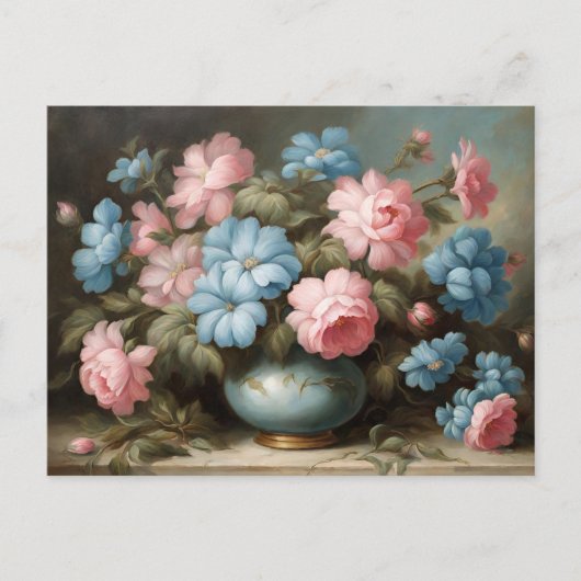 Victoriaans roze, blauwe bloemen in vaas Stilleven Briefkaart (Voorkant)