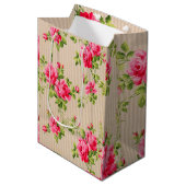  Victoriaans roze floral stripe roos Medium Cadeauzakje (Voorkant Gekanteld)