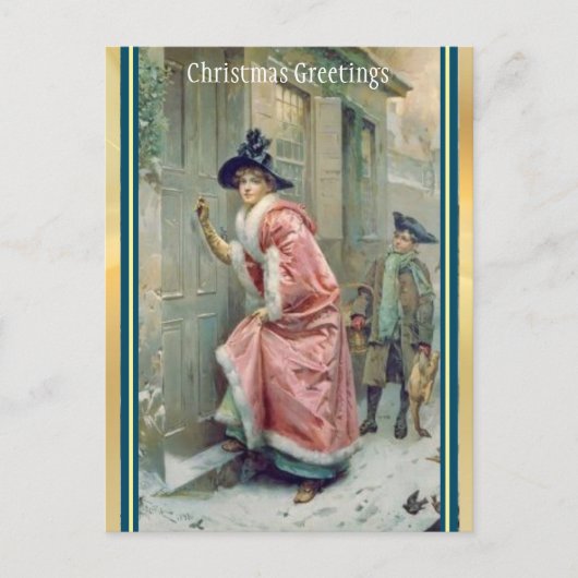Victoriaans Roze Gewaden Vrouw Bezoeker Kerst Feestdagenkaart (Voorkant)