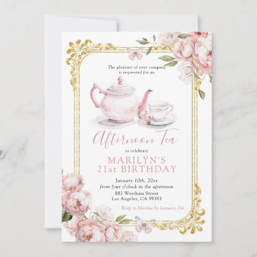 Victoriaans roze pioenenvlinder verjaardagstheefee kaart (Voorkant)