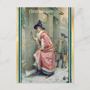 Victoriaans roze Robed Woman Visitor Kerstmis  Feestdagenkaart