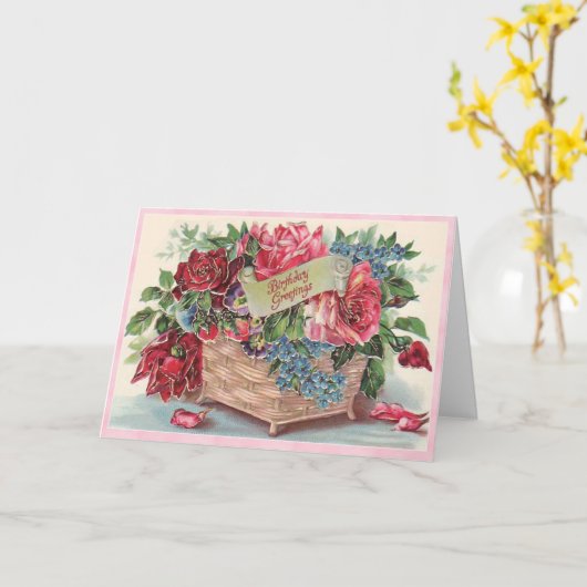  Victoriaans Roze & Rode Rozen Mand Verjaardag Kaart (Gele Bloem)