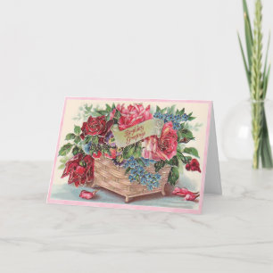  Victoriaans Roze & Rode Rozen Mand Verjaardag Kaart