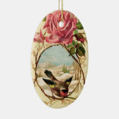 Victoriaans Roze Roos en Vogel Ovaal Ornament (Rechts)