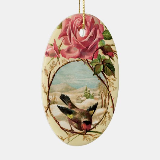 Victoriaans Roze Roos en Vogel Ovaal Ornament (Rechts)