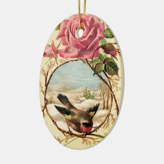 Victoriaans Roze Roos en Vogel Ovaal Ornament (Links)