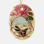 Victoriaans Roze Roos en Vogel Ovaal Ornament (Achterkant)