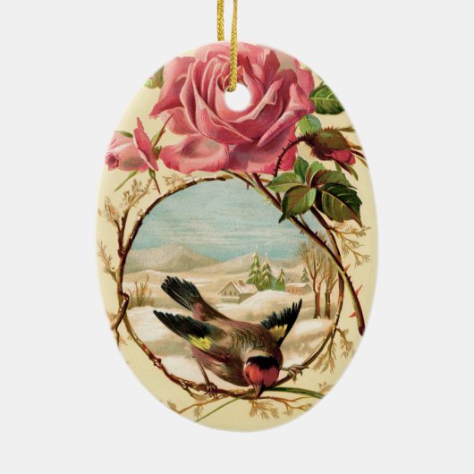 Victoriaans Roze Roos en Vogel Ovaal Ornament (Achterkant)